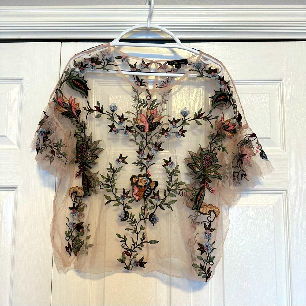 Zara Dalia Embroidered Blush Pink Floral Sheer Women’s XL Top Blouse